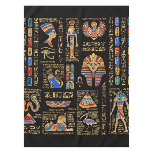 Egyptian hieroglyphs and deities on black tablecloth