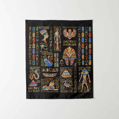 Egyptian hieroglyphs and deities on black tapestry