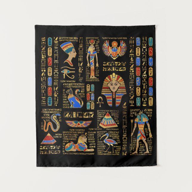 Egyptian hieroglyphs and deities on black tapestry (Front)
