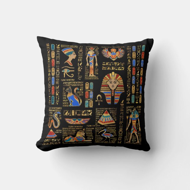Egyptian hieroglyphs and deities on black throw pillow (Front)