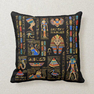 Egyptian hieroglyphs and deities on black throw pillow