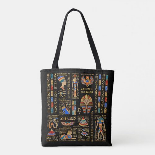 Egyptian hieroglyphs and deities on black tote bag