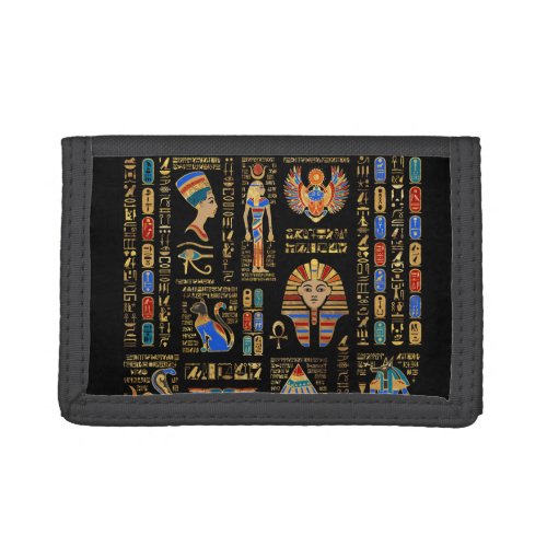 Egyptian hieroglyphs and deities on black trifold wallet