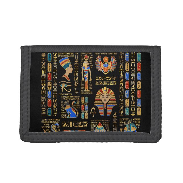 Egyptian hieroglyphs and deities on black trifold wallet (Front)