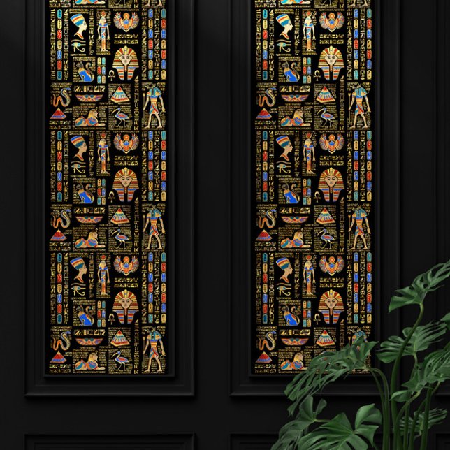 Egyptian hieroglyphs and deities on black wallpaper  (Creator Uploaded)