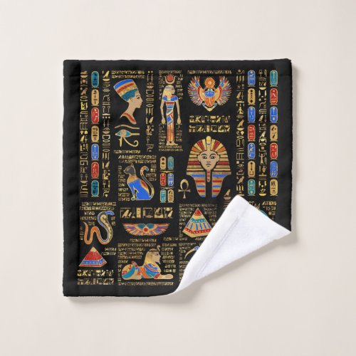 Egyptian hieroglyphs and deities on black wash cloth