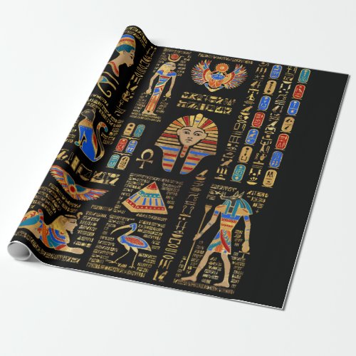 Egyptian hieroglyphs and deities on black wrapping paper