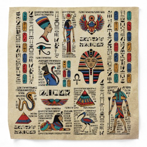 Egyptian hieroglyphs and deities on papyrus bandana