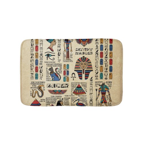 Egyptian hieroglyphs and deities on papyrus bath mat