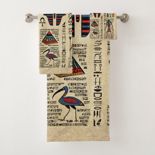 Egyptian hieroglyphs and deities on papyrus bath towel set