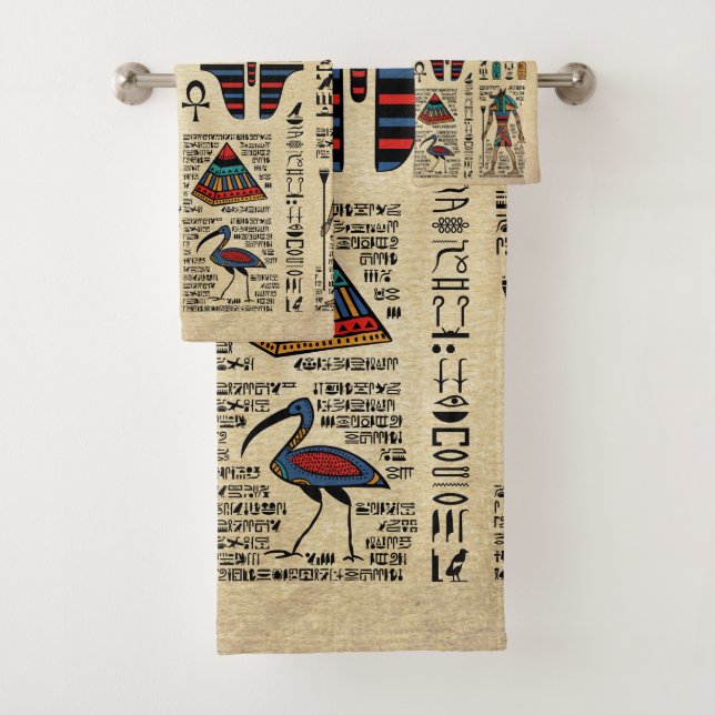 Egyptian hieroglyphs and deities on papyrus bath towel set (Insitu)
