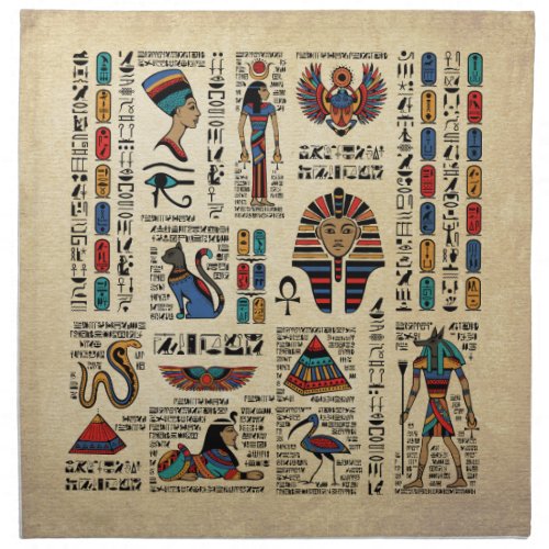 Egyptian hieroglyphs and deities on papyrus cloth napkin