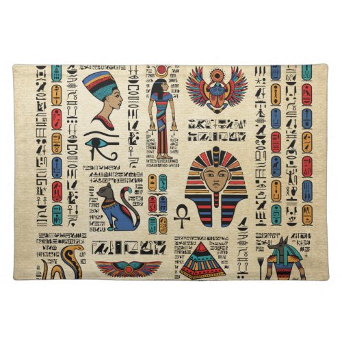 Egyptian hieroglyphs and deities on papyrus cloth placemat