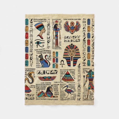 Egyptian hieroglyphs and deities on papyrus fleece blanket