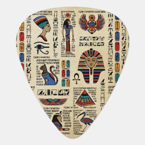 Egyptian hieroglyphs and deities on papyrus guitar pick