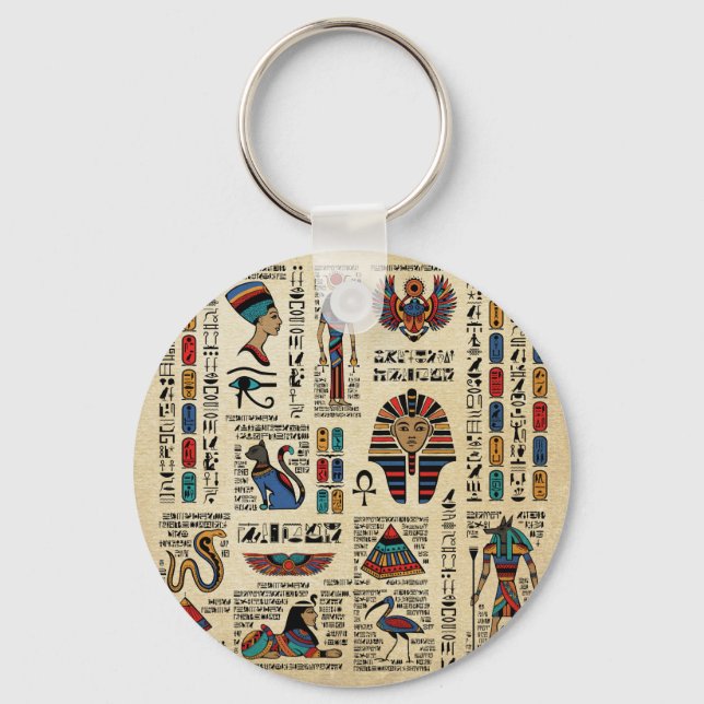 Egyptian hieroglyphs and deities on papyrus keychain (Front)