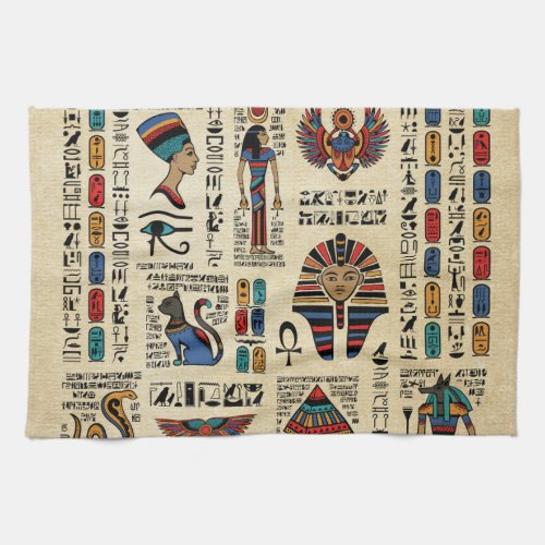 Egyptian hieroglyphs and deities on papyrus kitchen towel