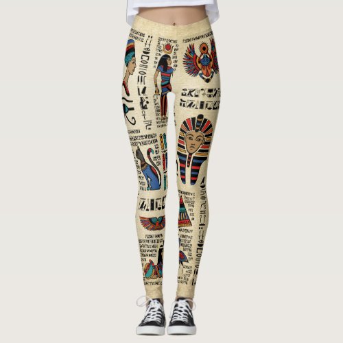 Egyptian hieroglyphs and deities on papyrus leggings