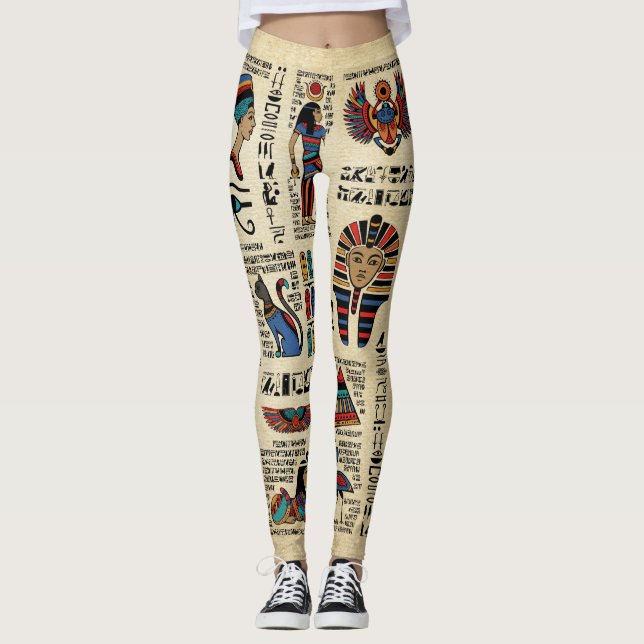 Egyptian hieroglyphs and deities on papyrus leggings (Front)