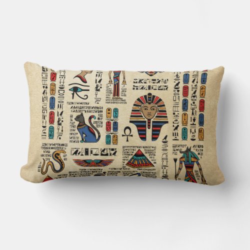 Egyptian hieroglyphs and deities on papyrus lumbar pillow