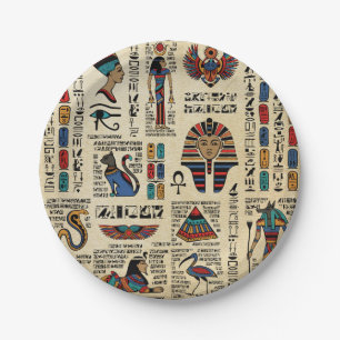 Egyptian hieroglyphs and deities on papyrus paper plates