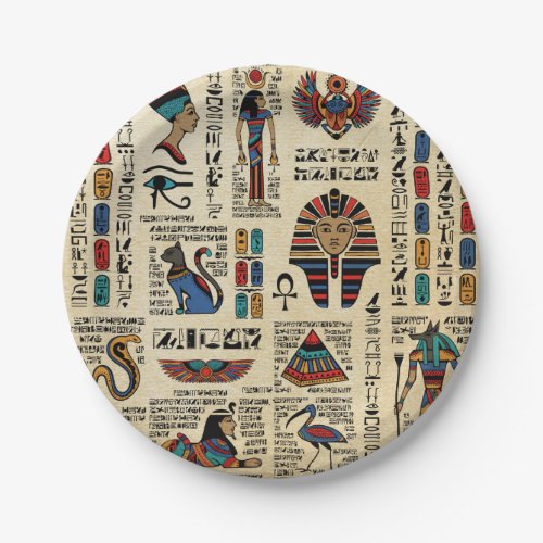 Egyptian hieroglyphs and deities on papyrus paper plates