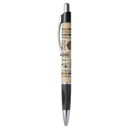 Egyptian hieroglyphs and deities on papyrus pen