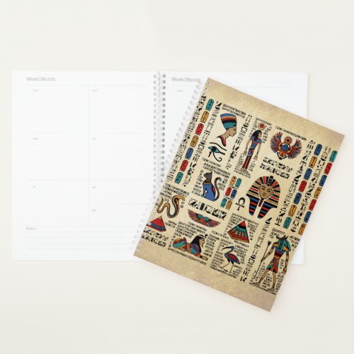 Egyptian hieroglyphs and deities on papyrus planner