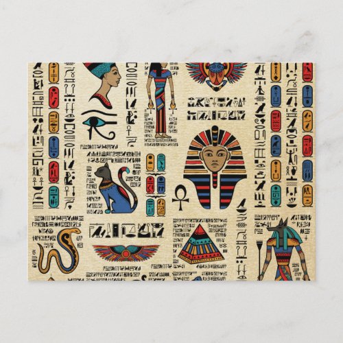 Egyptian hieroglyphs and deities on papyrus postcard