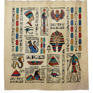 Egyptian hieroglyphs and deities on papyrus shower curtain
