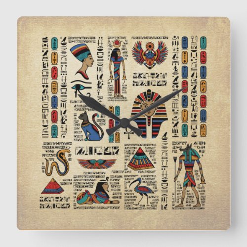 Egyptian hieroglyphs and deities on papyrus square wall clock