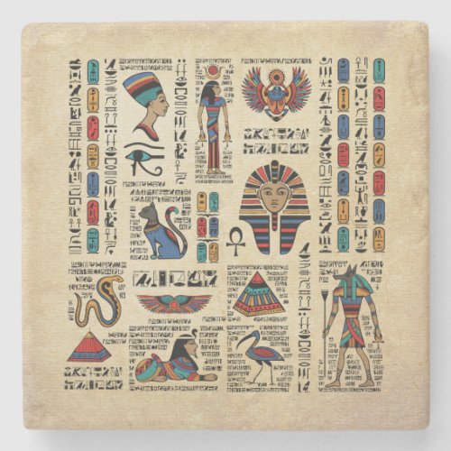 Egyptian hieroglyphs and deities on papyrus stone coaster