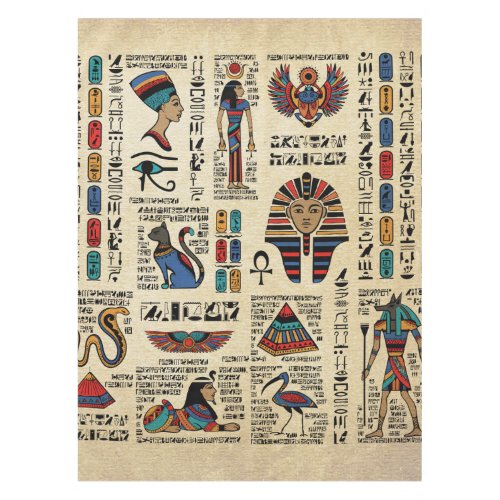 Egyptian hieroglyphs and deities on papyrus tablecloth