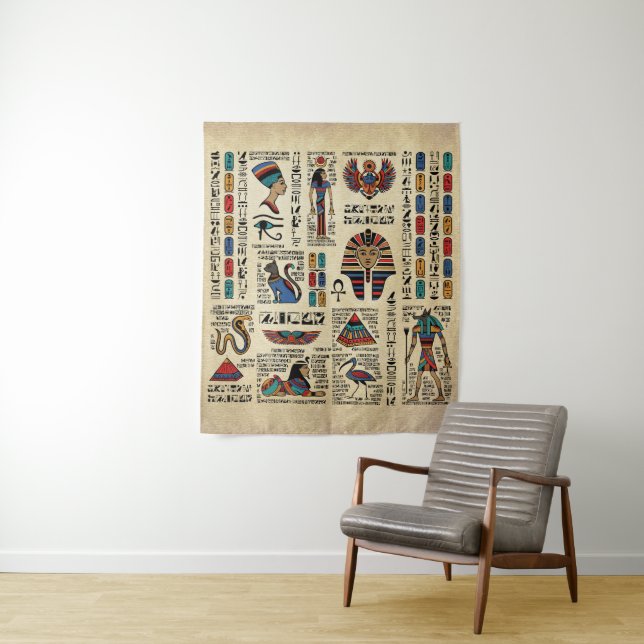 Egyptian hieroglyphs and deities on papyrus tapestry (In Situ)
