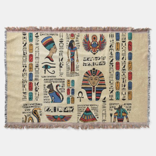 Egyptian hieroglyphs and deities on papyrus throw blanket