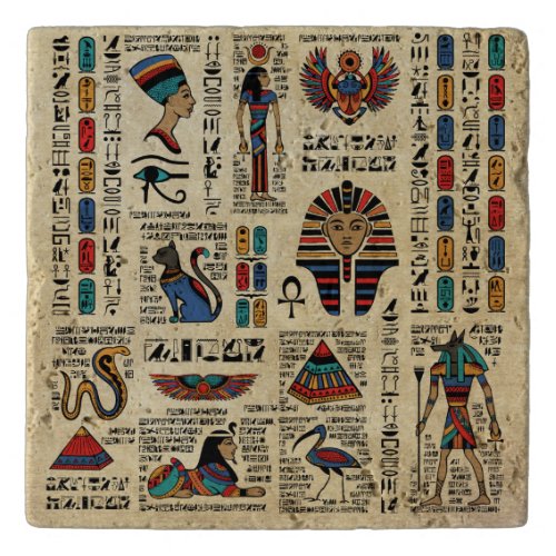 Egyptian hieroglyphs and deities on papyrus trivet