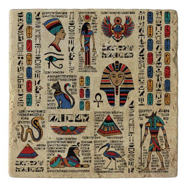 Egyptian hieroglyphs and deities on papyrus trivet (Front)