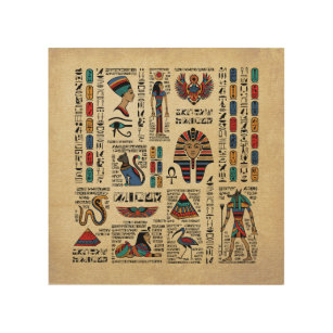 Egyptian hieroglyphs and deities on papyrus wood wall art