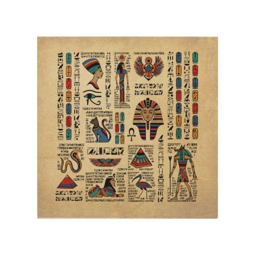 Egyptian hieroglyphs and deities on papyrus wood wall art