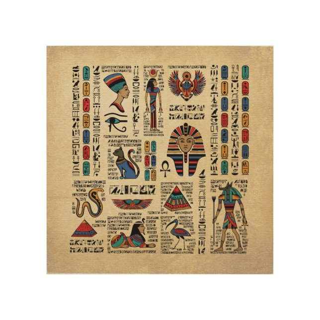 Egyptian hieroglyphs and deities on papyrus wood wall art (Front)
