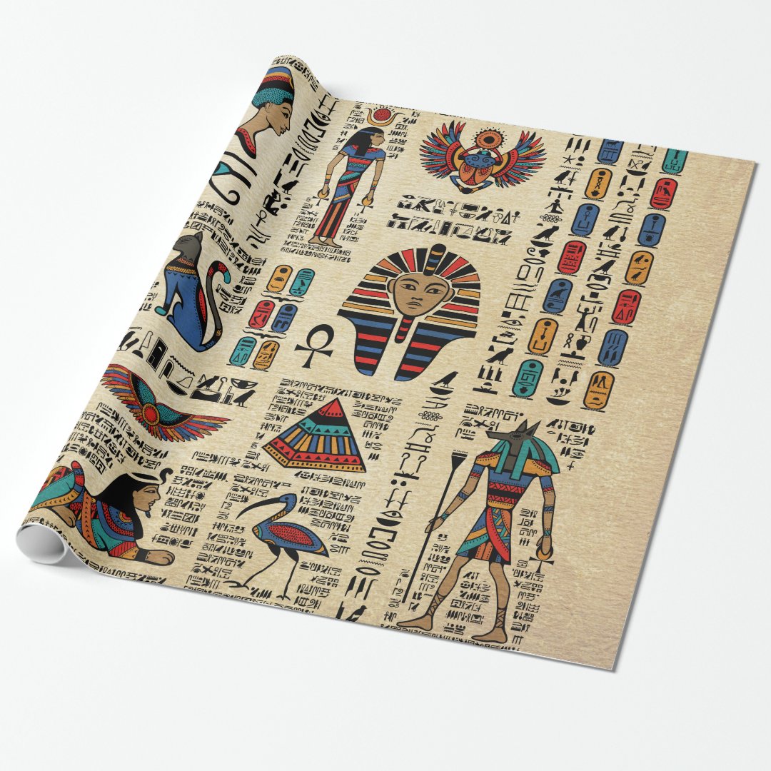 Egyptian hieroglyphs and deities on papyrus wrapping paper | Zazzle