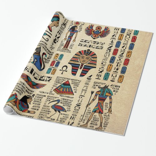 Egyptian hieroglyphs and deities on papyrus wrapping paper