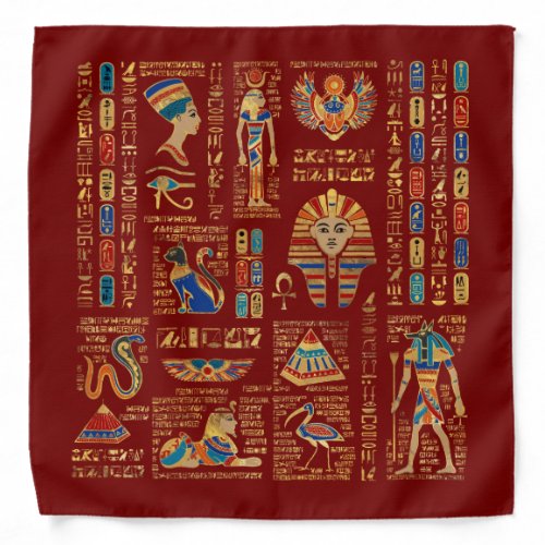 Egyptian hieroglyphs and deities on red bandana