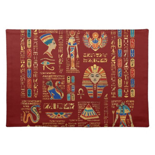 Egyptian hieroglyphs and deities on red cloth placemat