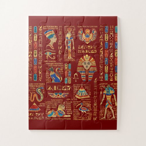 Egyptian hieroglyphs and deities on red jigsaw puzzle