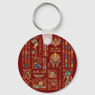 Egyptian hieroglyphs and deities on red keychain