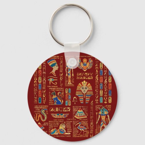 Egyptian hieroglyphs and deities on red keychain