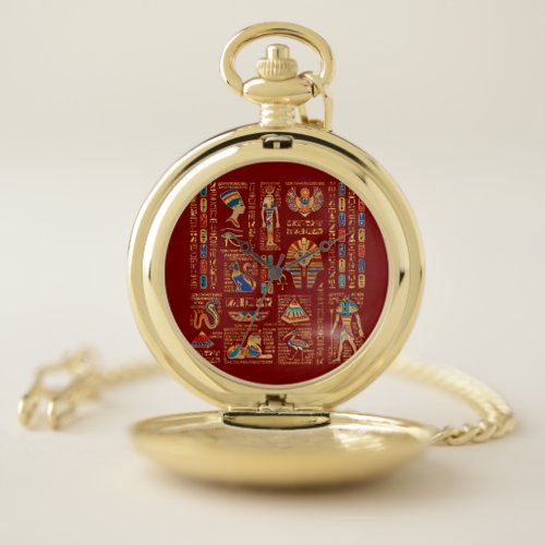 Egyptian hieroglyphs and deities on red pocket watch