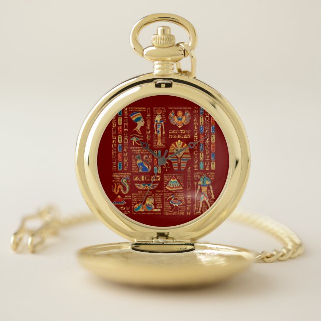 Egyptian hieroglyphs and deities on red pocket watch (Inside)