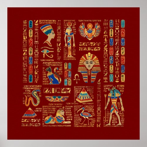 Egyptian hieroglyphs and deities on red poster